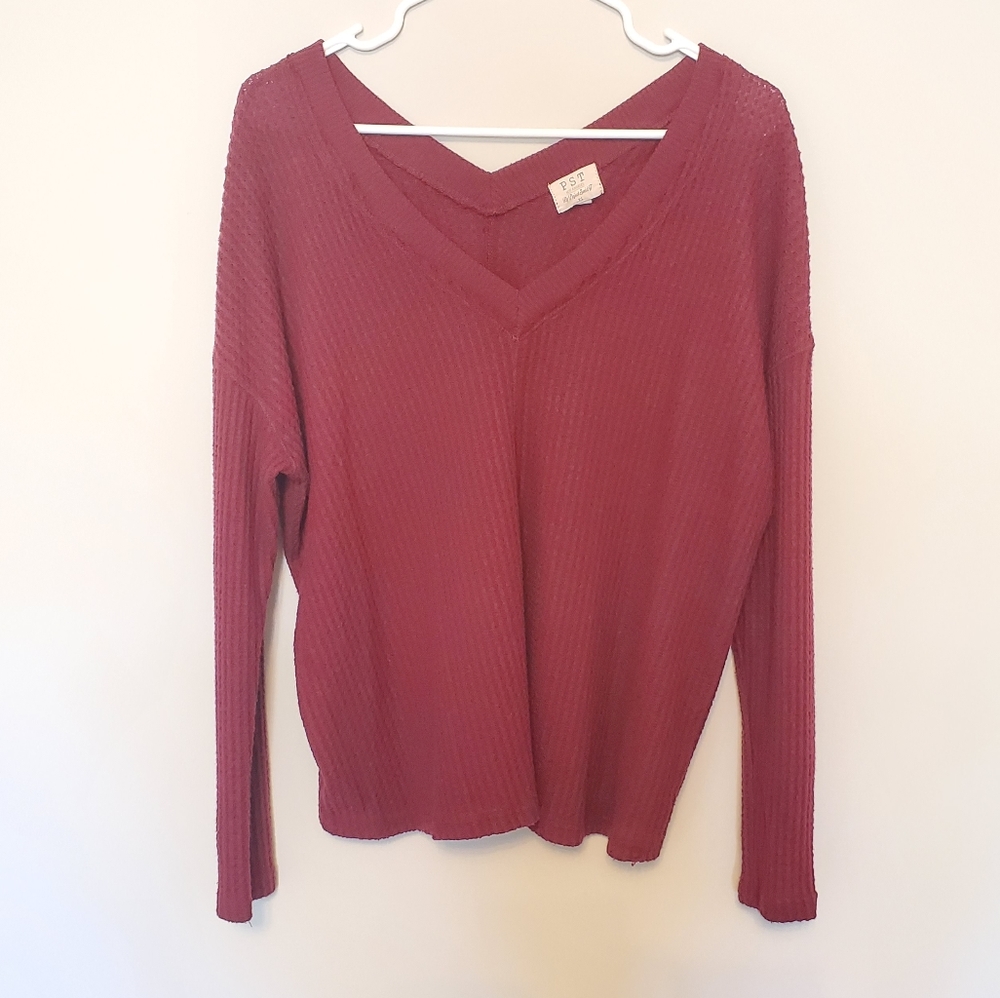 Burgundy PST Waffel Knit Wide V-Neck Longsleeve XS